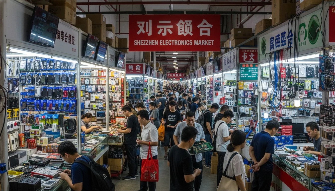 A bustling electronics market in Shenzhen, with stalls full of components