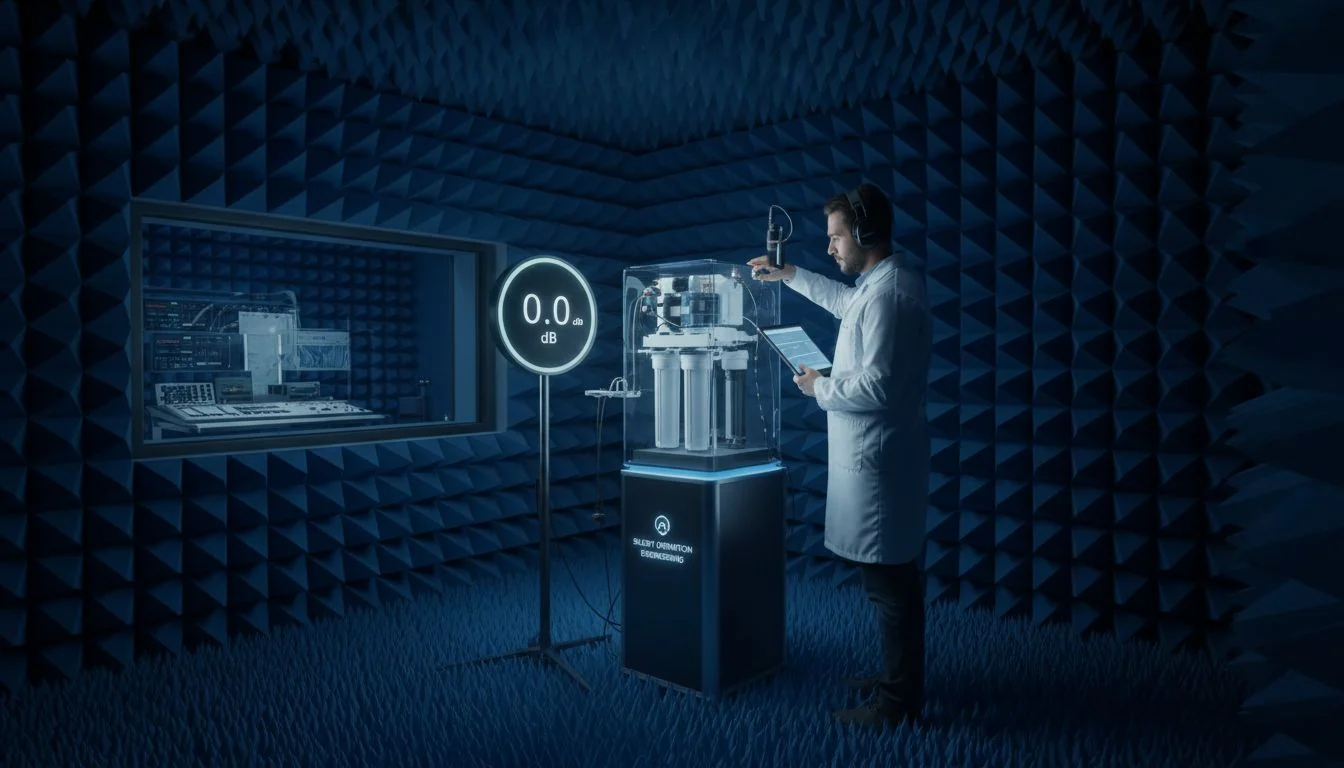 sound engineer testing a water purifier in an anechoic chamber