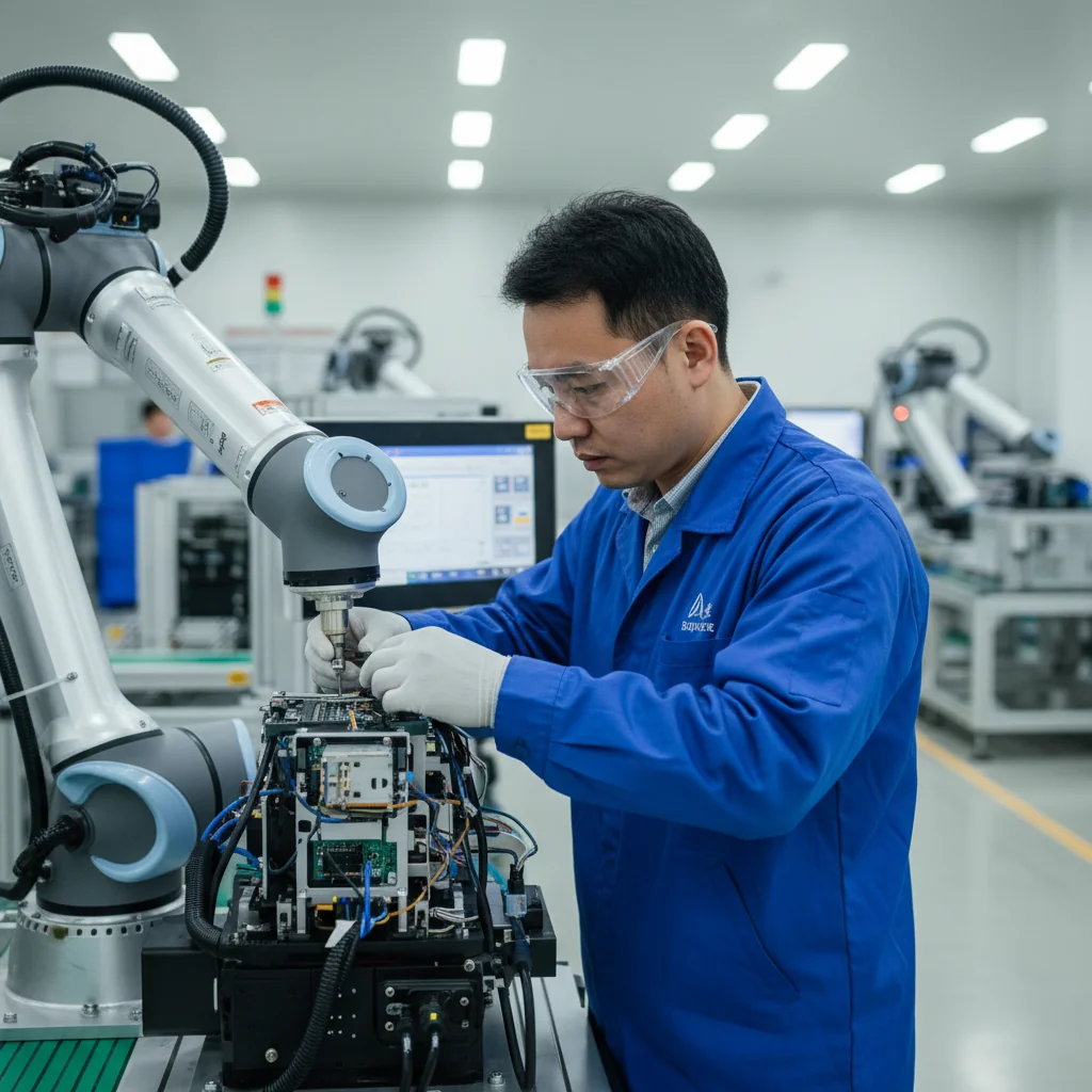 Close-up shot of an engineer working on a complex piece of machinery in a clean factory.
