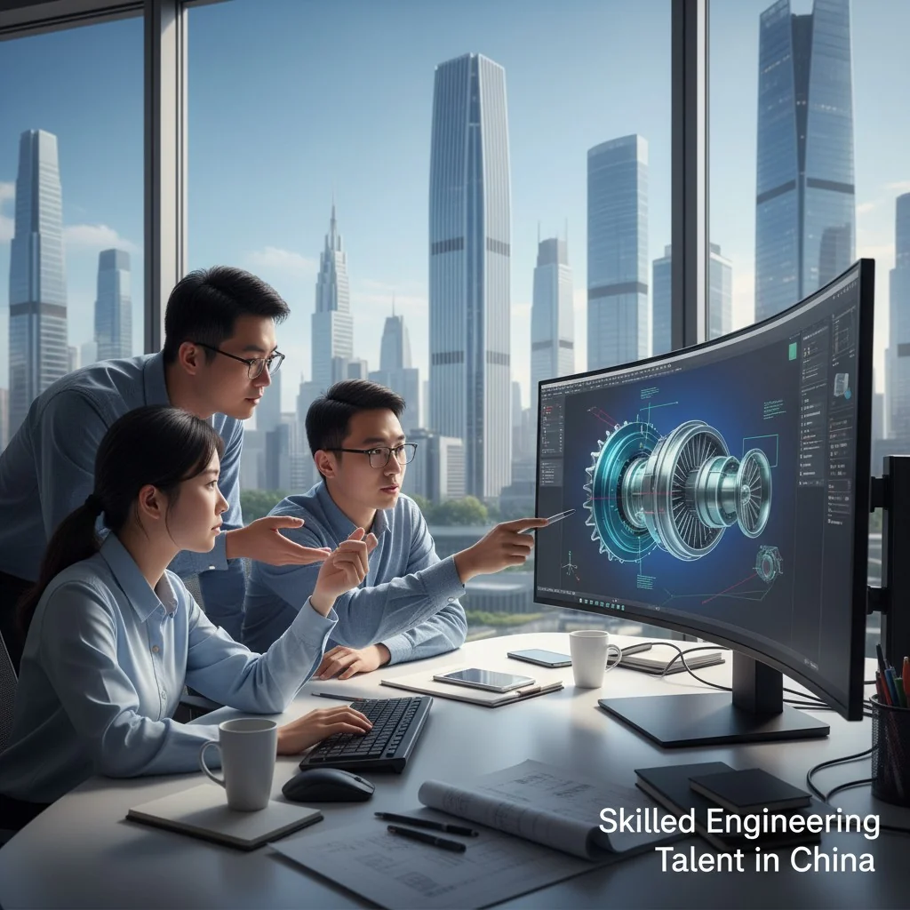 Young engineers collaborating over a computer-aided design (CAD) model