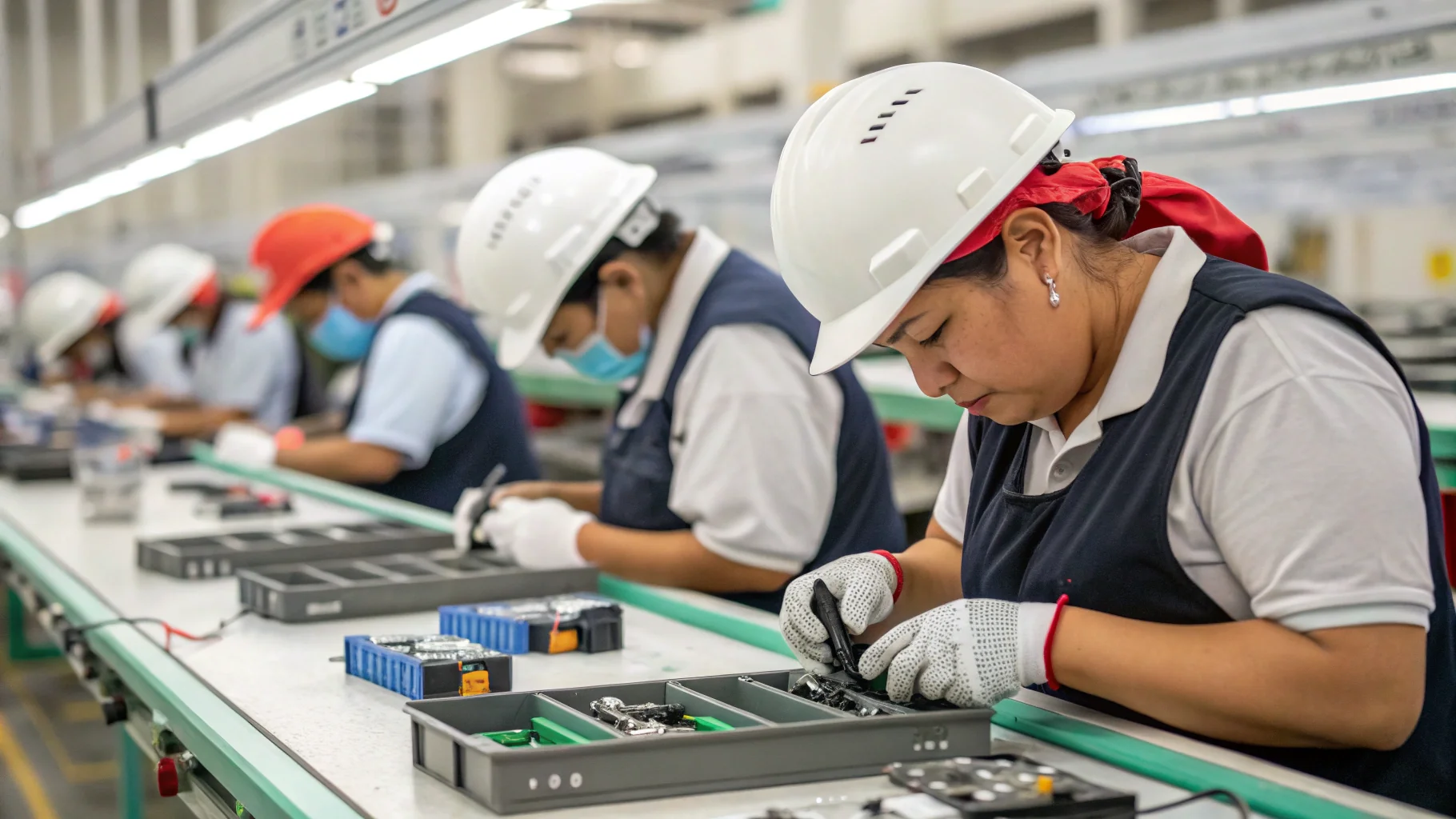 Workers on an assembly line, carefully assembling electronic components for humidifiers.