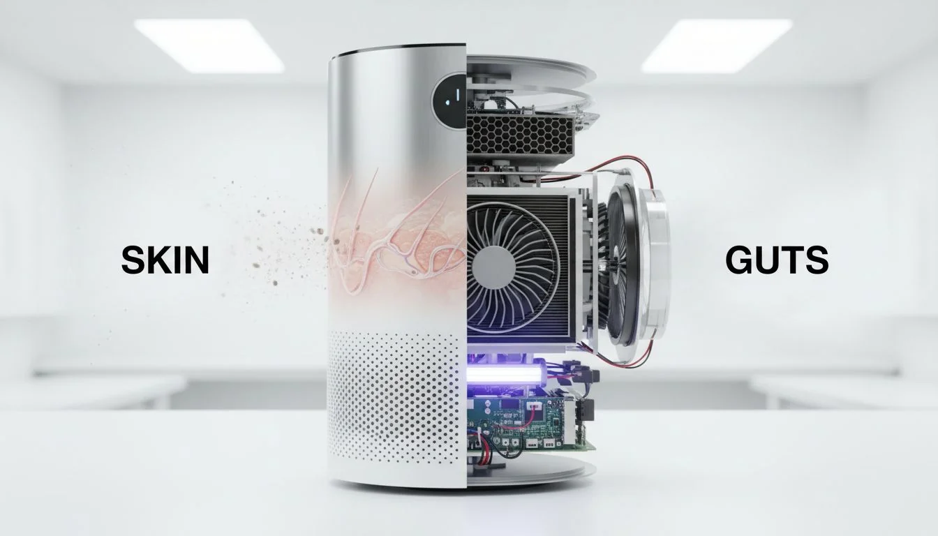 exploded view of air purifier showing skin vs guts