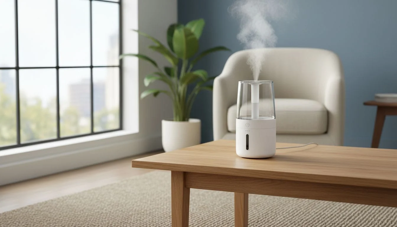 A modern, sleek humidifier on a wooden table in a well-lit room