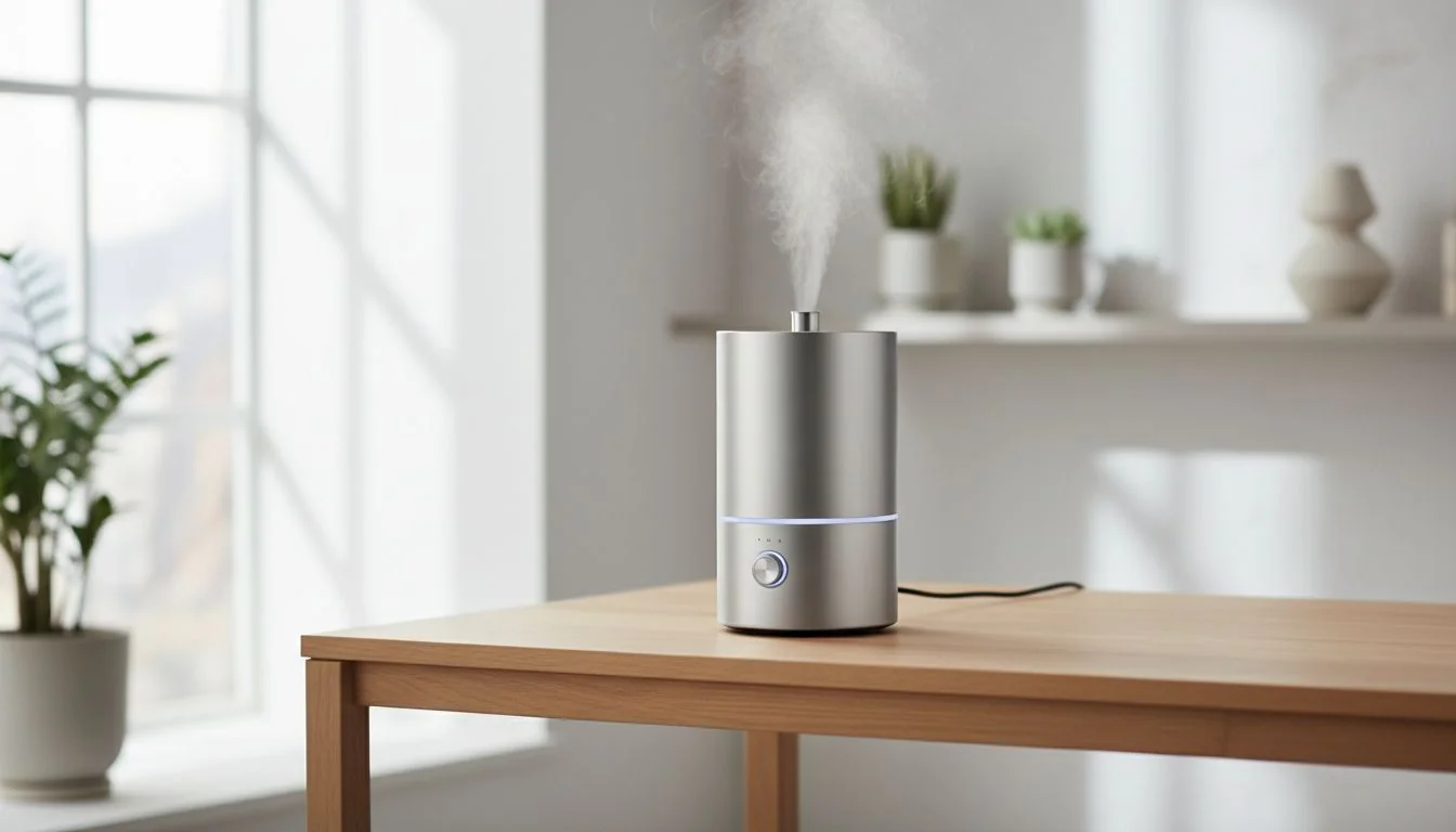 A sleek, modern stainless steel humidifier on a minimalist wooden table.