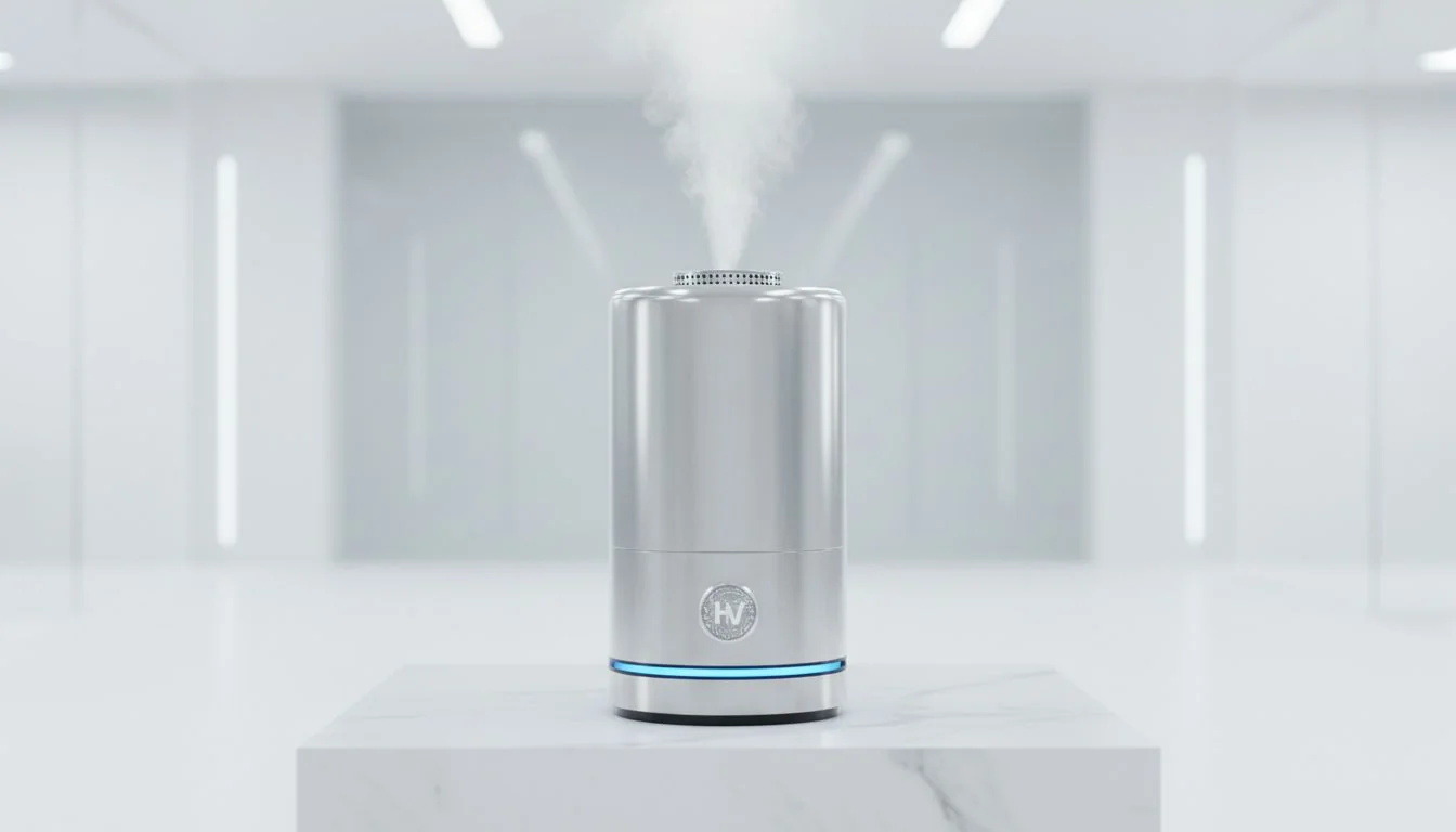 Sleek Stainless Steel Wellness Product A sleek, modern stainless steel humidifier on a minimalist background, representing hard tech innovation in wellness.