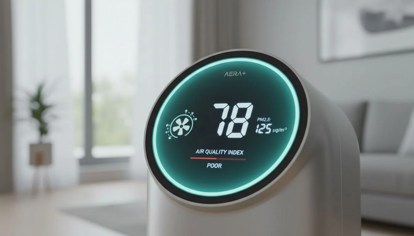 Close-up of a smart air purifier's digital display showing a high air quality index number