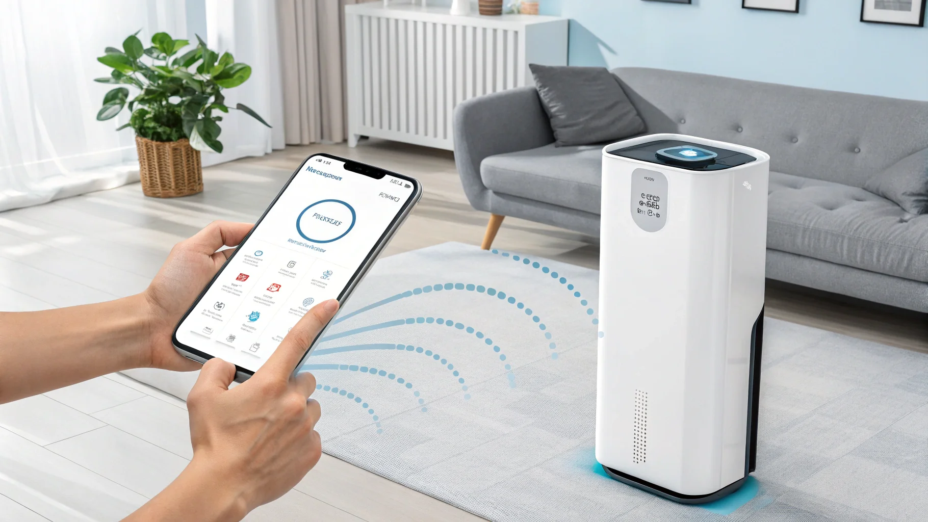 A person controlling their smart air purifier with a smartphone app