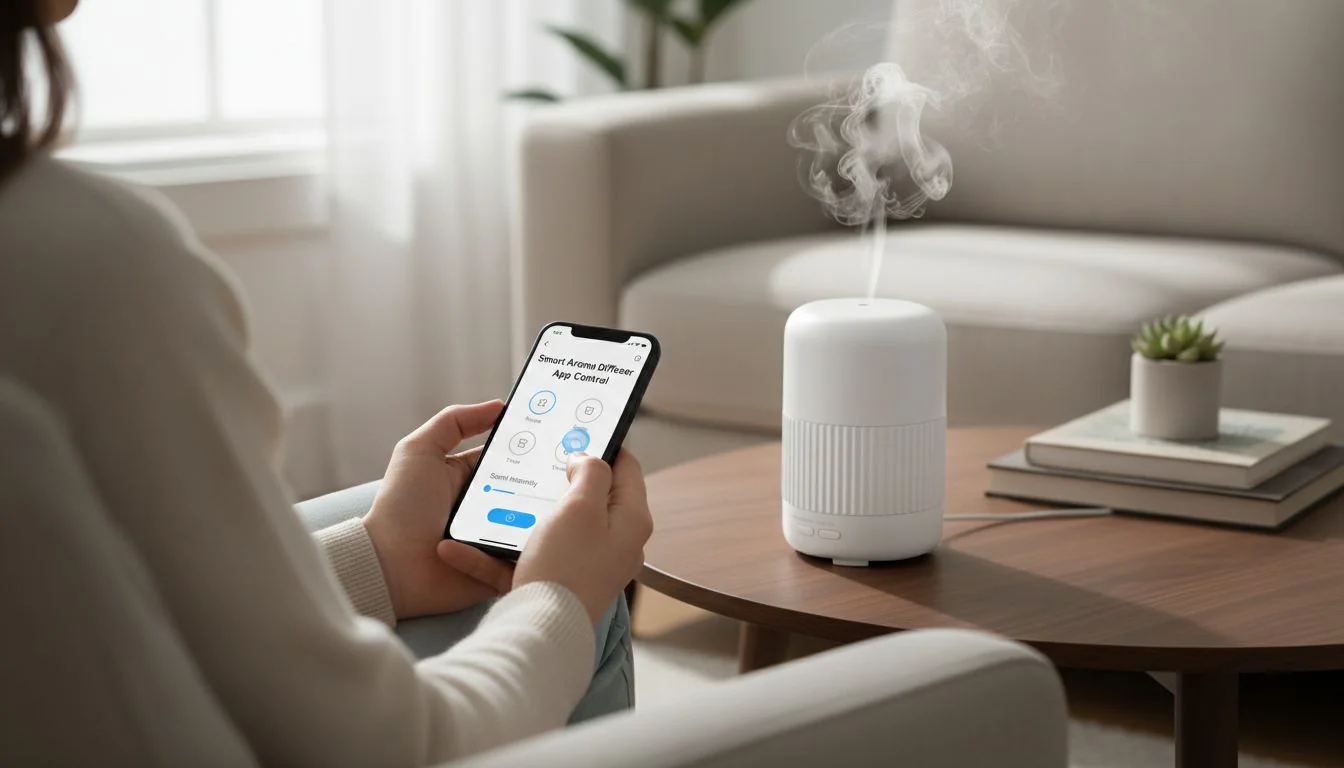 Smart Aroma Diffuser App Control A person using their smartphone to control an aroma diffuser on a coffee table