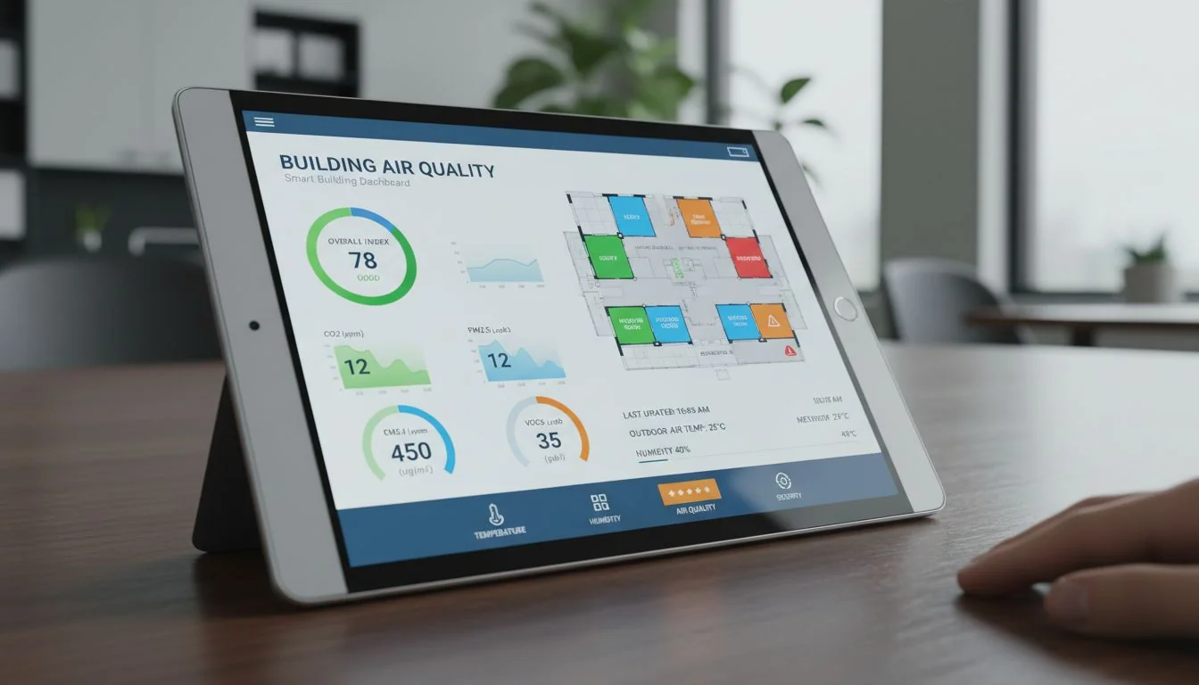 Smart Building Dashboard Tablet screen showing dashboard of building air quality