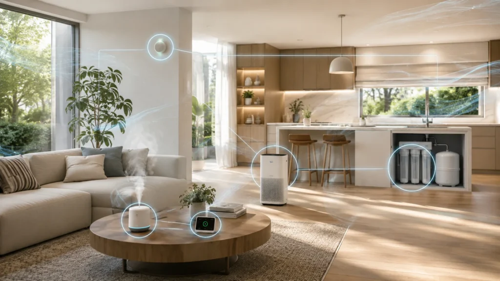 Modern living room and kitchen with smart home air quality devices including an air purifier, humidifier, and water filtration system, connected with visualized blue connectivity lines.