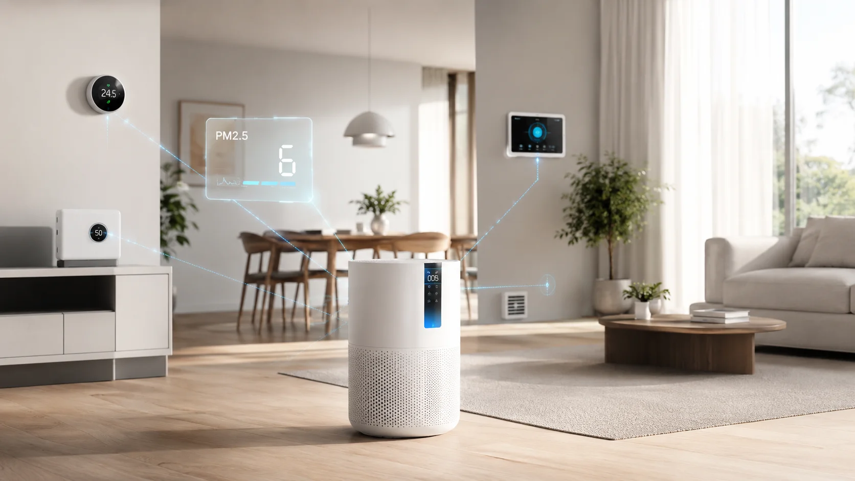 Modern living room featuring a smart air purifier with a digital display, integrated with other smart home devices for air quality monitoring.