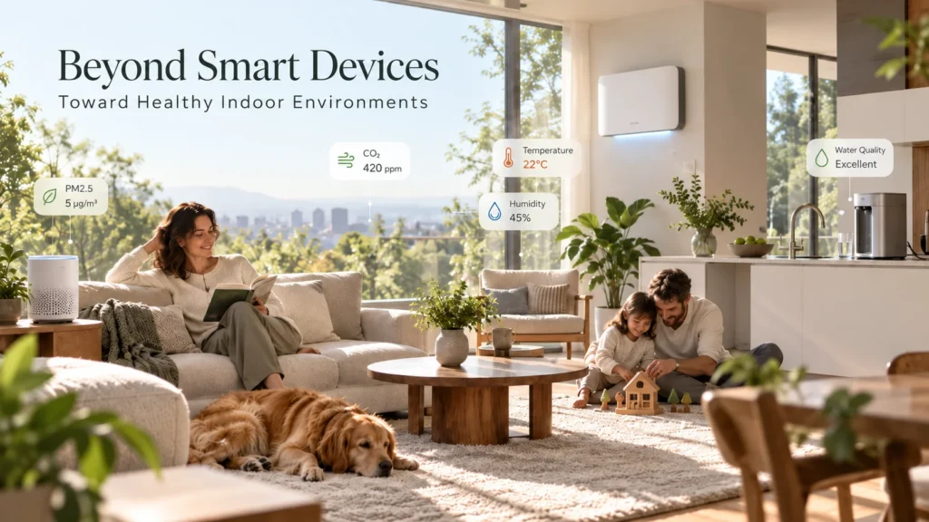 Modern living room with a family enjoying a healthy indoor environment monitored by smart devices, natural lighting, and greenery.