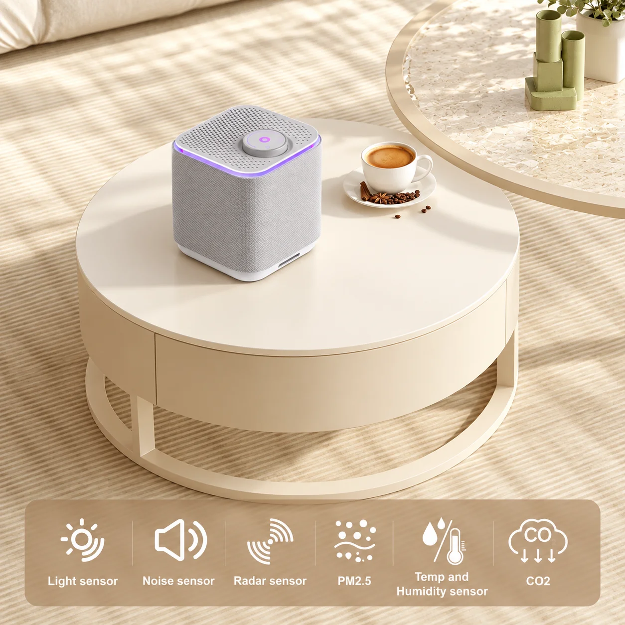 Smart home air quality monitor with a modern design on a beige round table beside a cup of coffee, in a well-lit room.