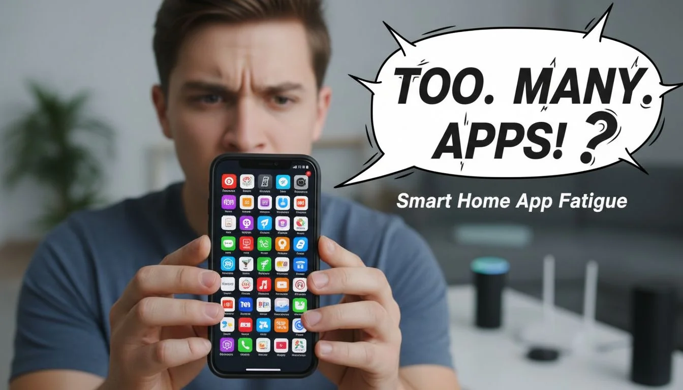 frustrated user looking at too many apps on phone