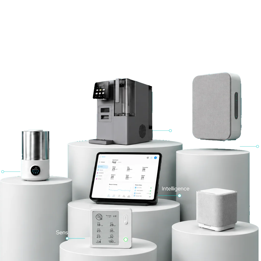 A selection of smart home devices displayed on white cylindrical podiums, featuring a coffee machine, tablet, air purifier, thermostat, speaker, and other gadgets.