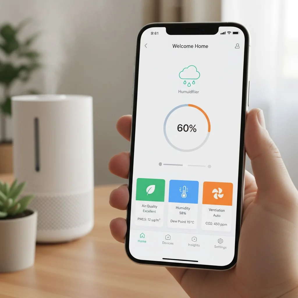 A smartphone screen showing an app that controls a humidifier and displays air quality data.