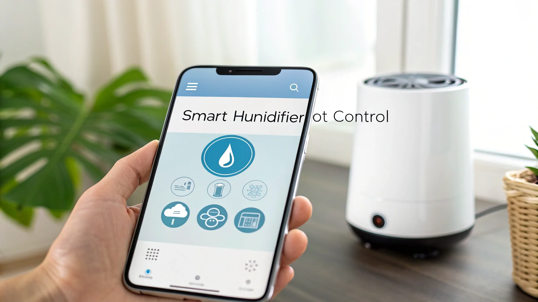 A smartphone screen showing control of a smart home humidifier