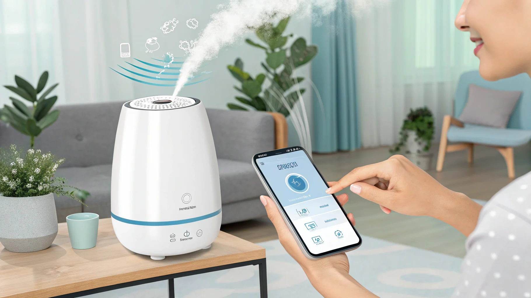 A person controlling their smart ultrasonic humidifier with a smartphone app