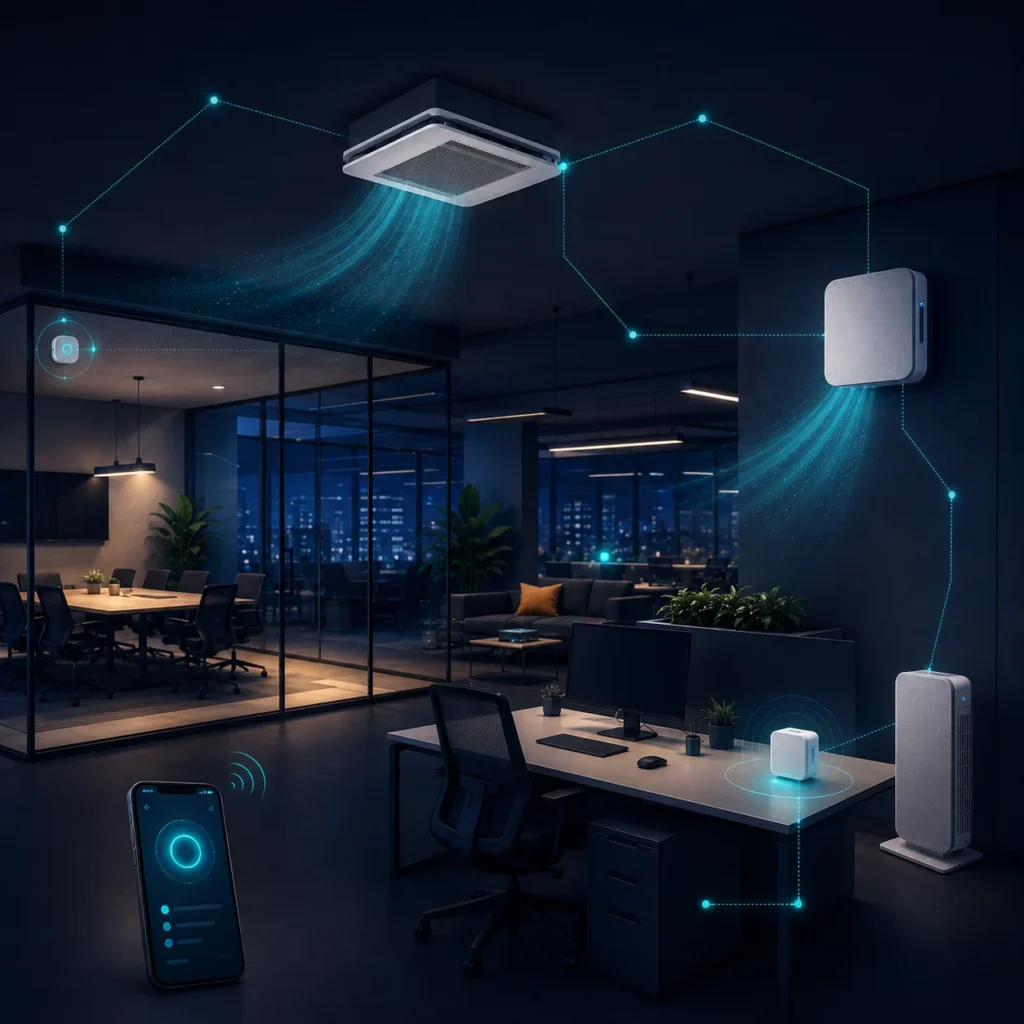 Modern office with smart air purification system, including ceiling, wall, and desk units, connected via a mobile app interface.