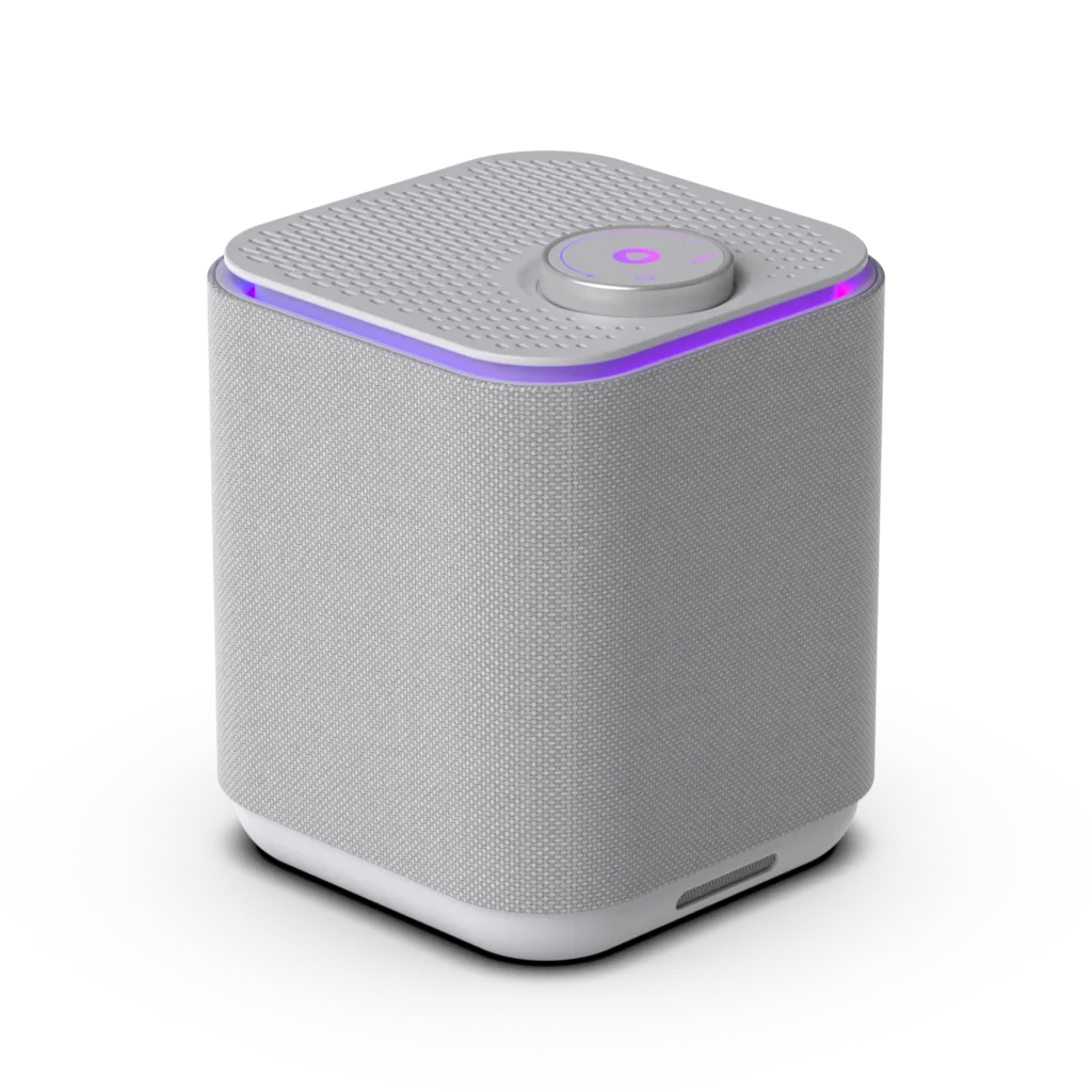 A compact white smart speaker with a textured mesh design and a glowing purple LED light on the top edge.
