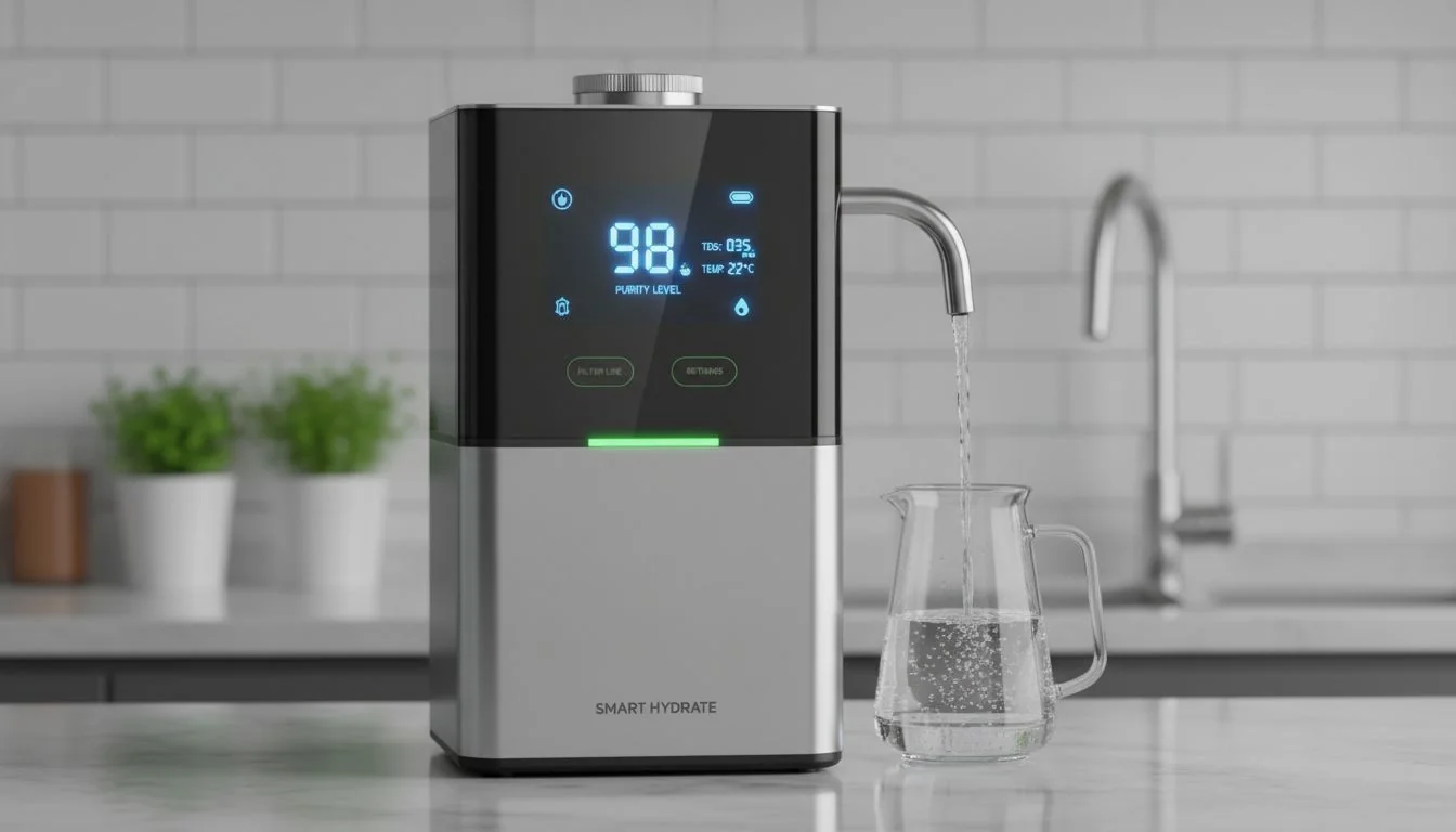 smart water purifier with digital display showing water quality