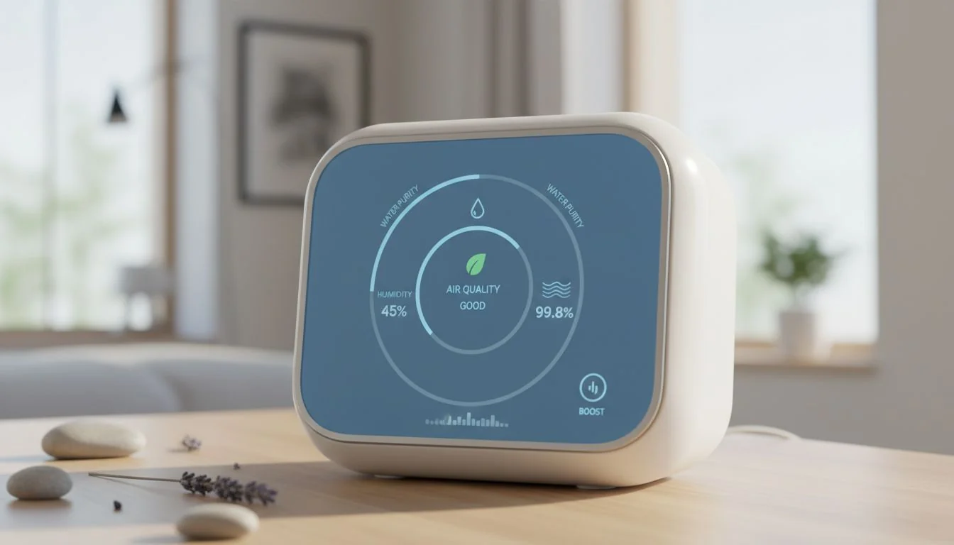 Smart Wellness Device Interface Close-up shot of a minimalist user interface on a wellness device showing air quality, humidity, and water purity levels.