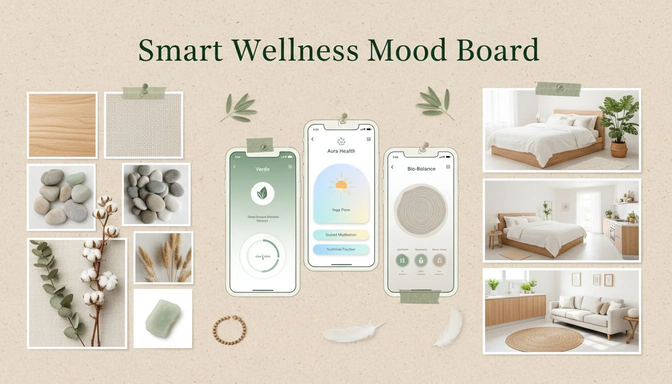 Smart Wellness Mood Board A mood board showing natural materials, wellness app interfaces, and clean living spaces.