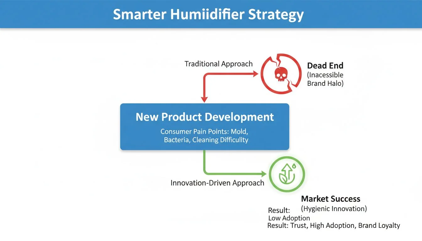 A flowchart showing two paths: one leading to a "Dead End" (Inaccessible Brand Halo) and the other to "Market Success" (Hygienic Innovation).