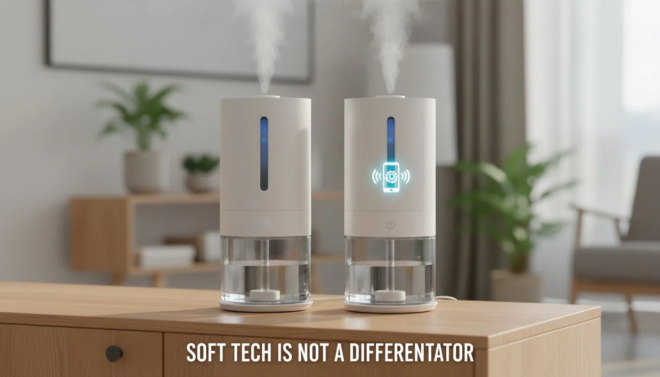 Soft Tech is Not a Differentiator Two identical-looking humidifiers side-by-side, with one having a generic 'smart app' icon that adds no real distinction.