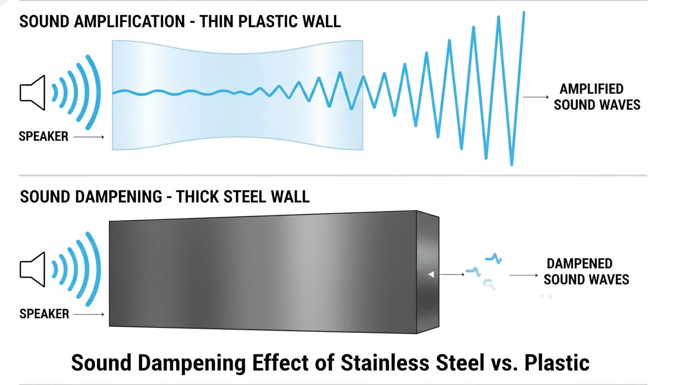 Sound Dampening Effect of Stainless Steel vs. Plastic A graphic illustrating sound waves hitting a thin plastic wall and amplifying, versus hitting a thick steel wall and dampening.
