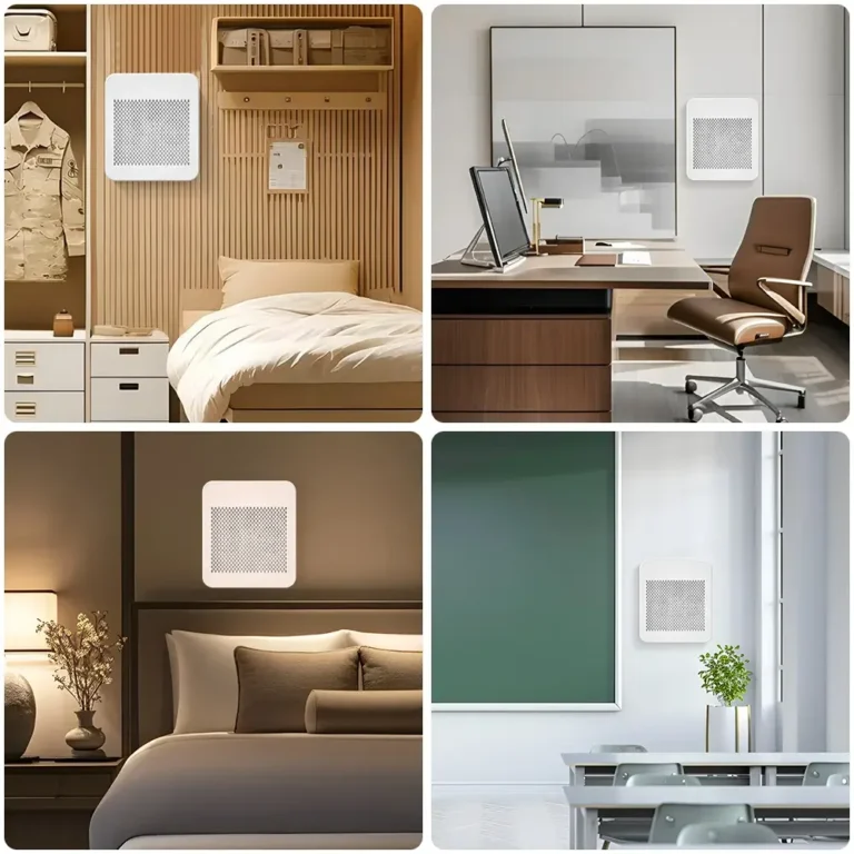 Four room scenarios showing soundproof panels on walls: bedroom, office, bedroom with decor, and classroom with desks.