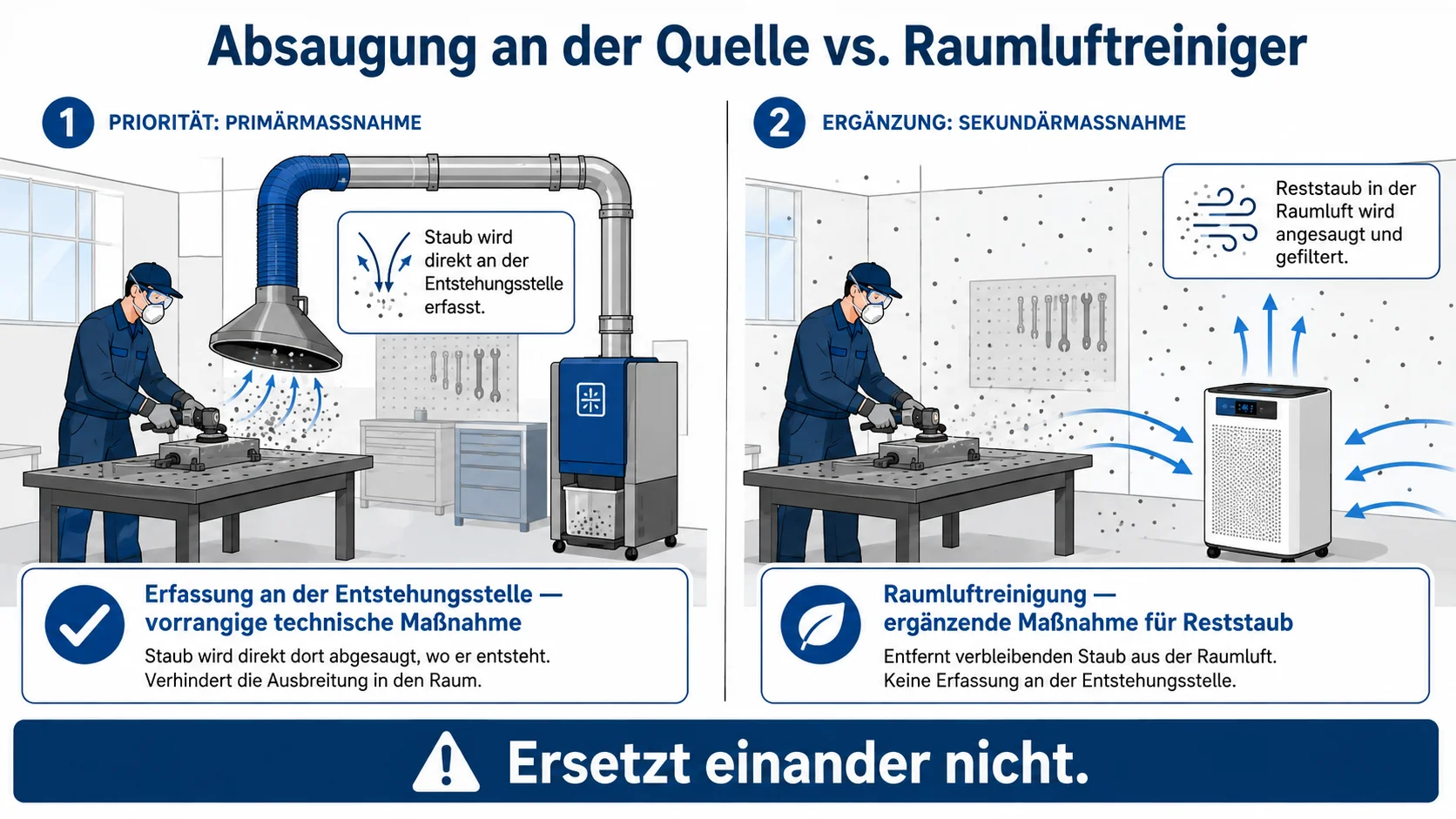 Illustration showing source extraction system and air purifier in a workshop to manage dust. A worker uses a grinder, and captions explain primary and secondary dust control measures.