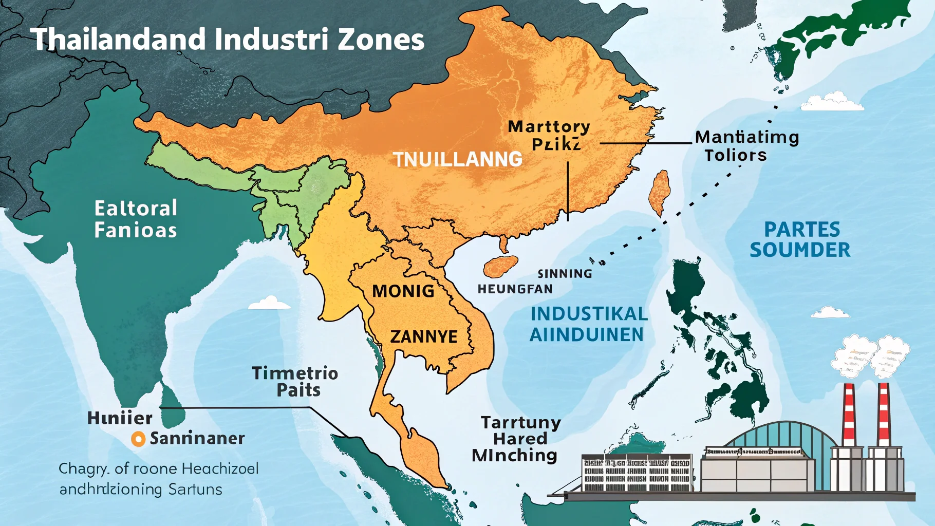 Map of Thailand highlighting industrial zones for manufacturing