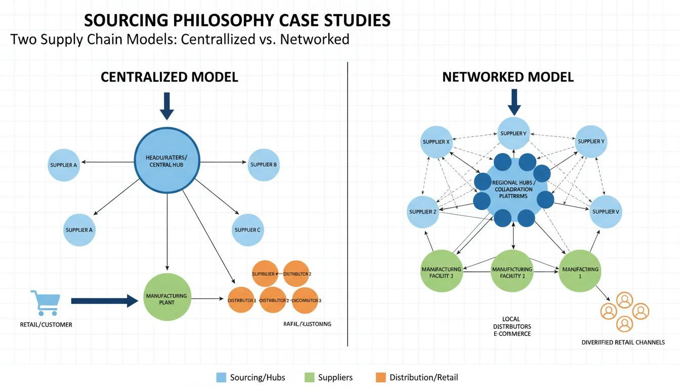 A diagram showing two different supply chain models: one centralized, one networked