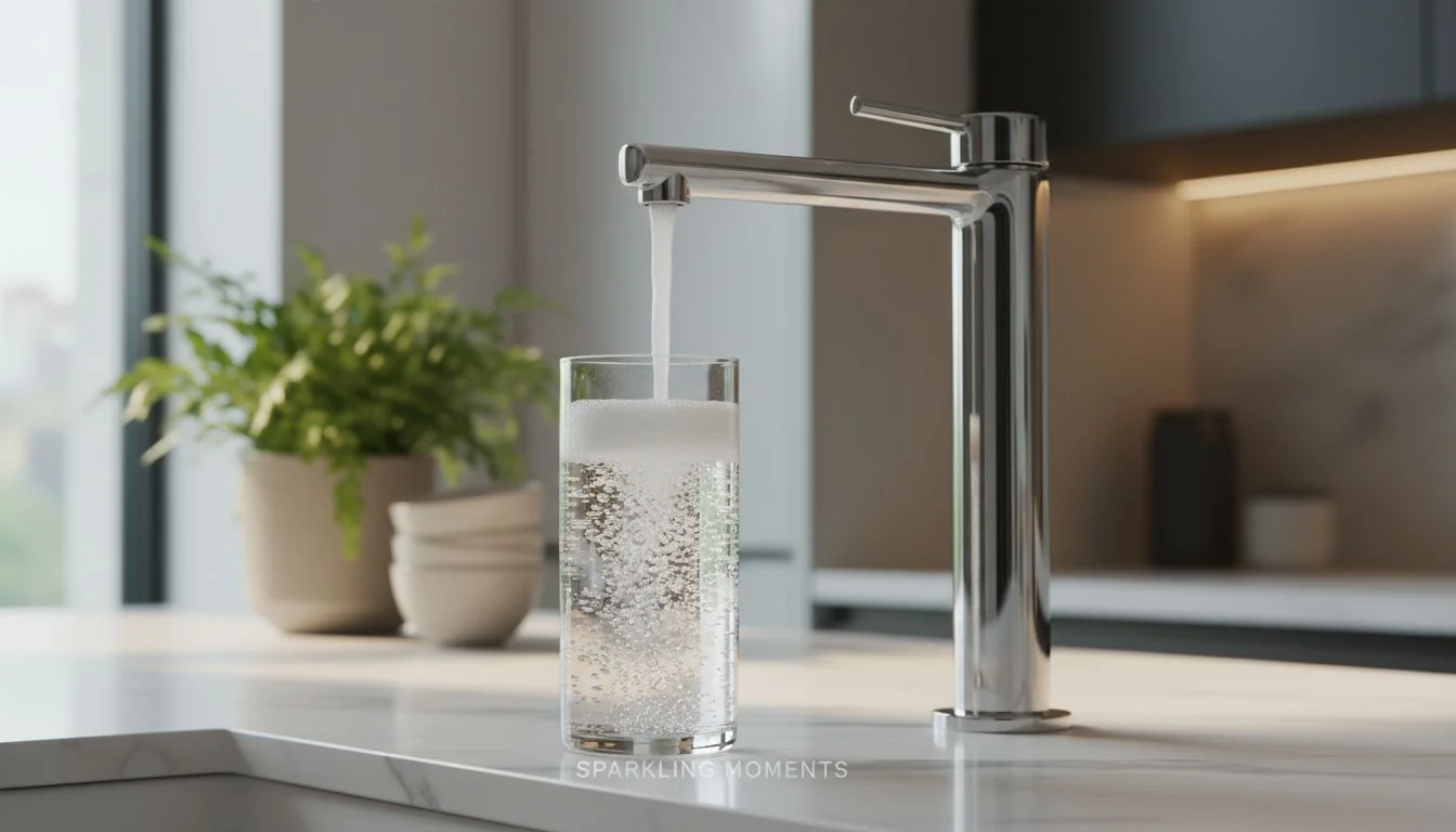 glass of sparkling water being poured from a high-end tap