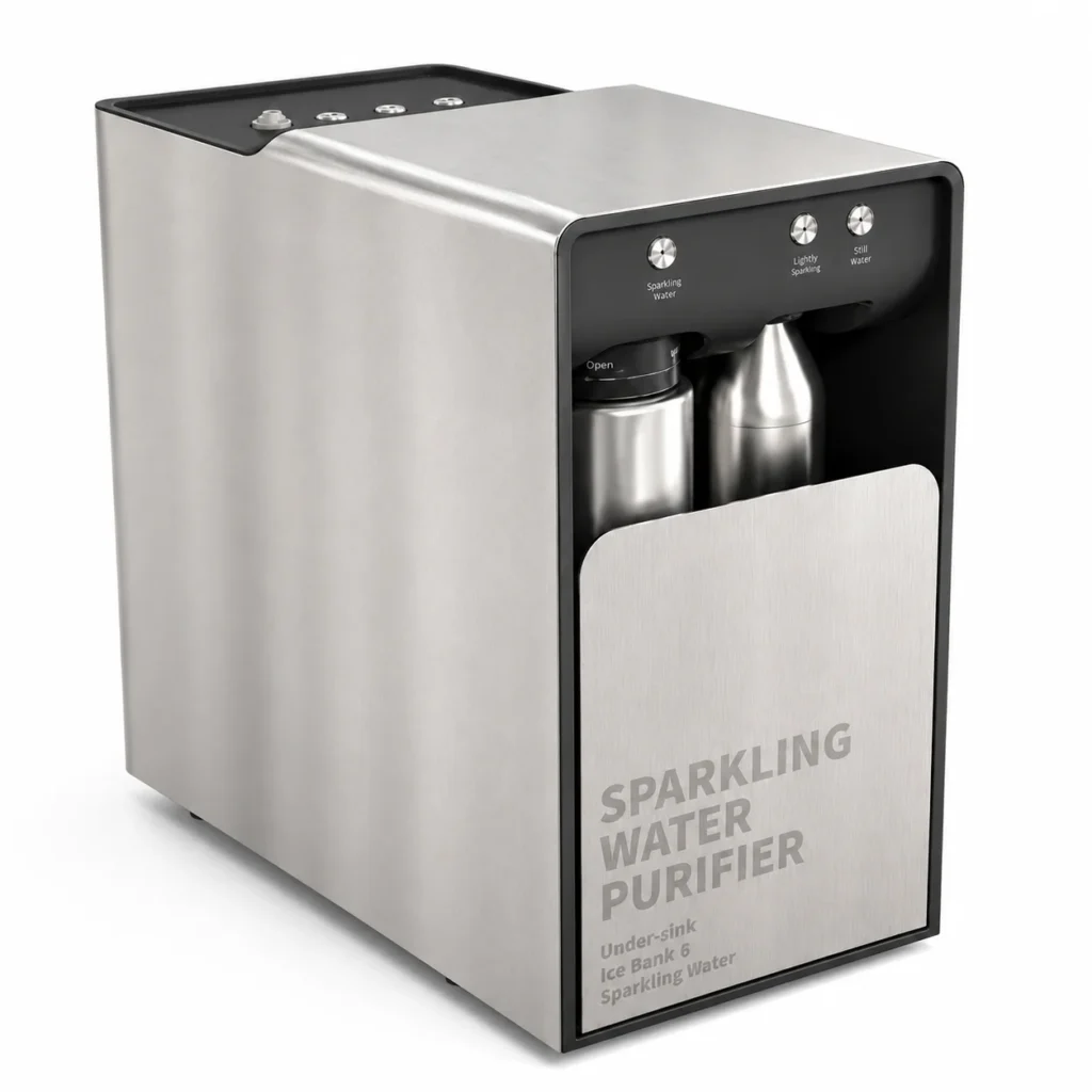 A sleek stainless steel sparkling water purifier with labeled taps for sparkling, lightly sparkling, and still water, and two bottle compartments.