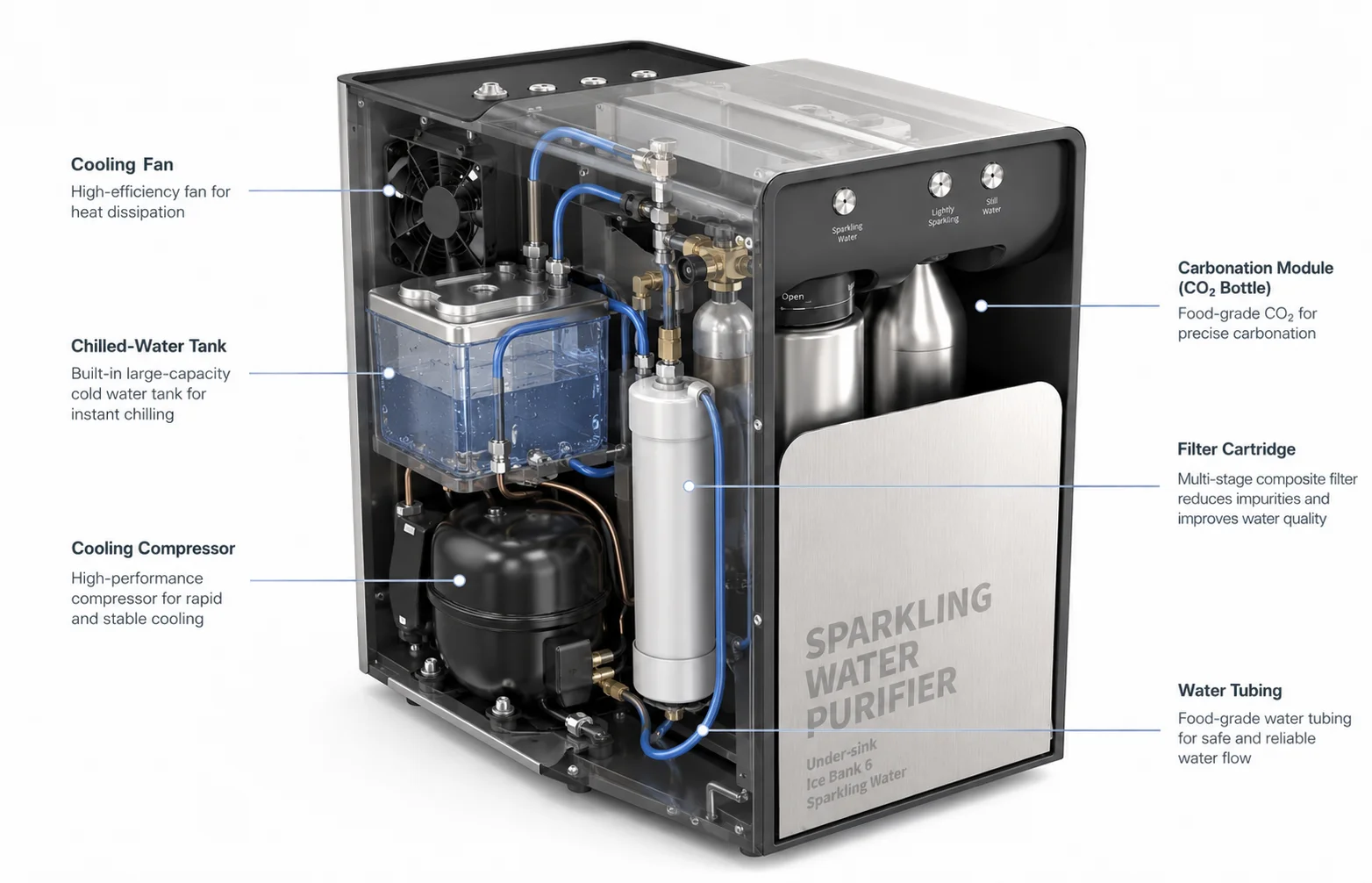Internal compressor cooling components of an under-sink sparkling water purifier