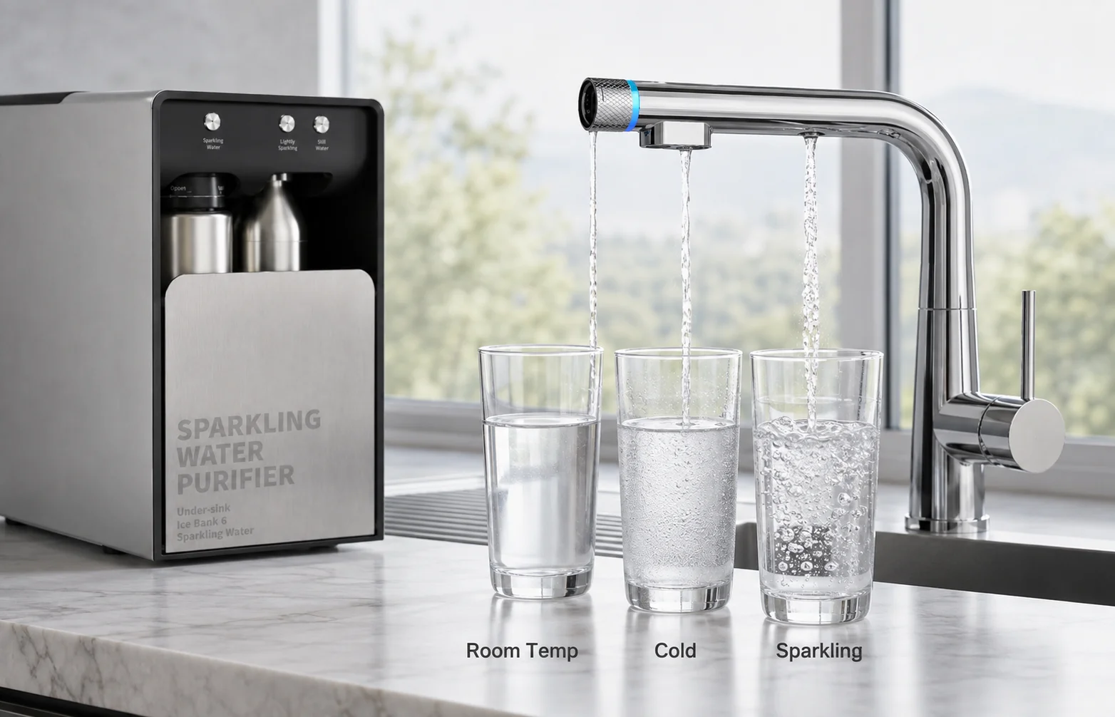 Smart faucet dispensing ambient chilled and sparkling water