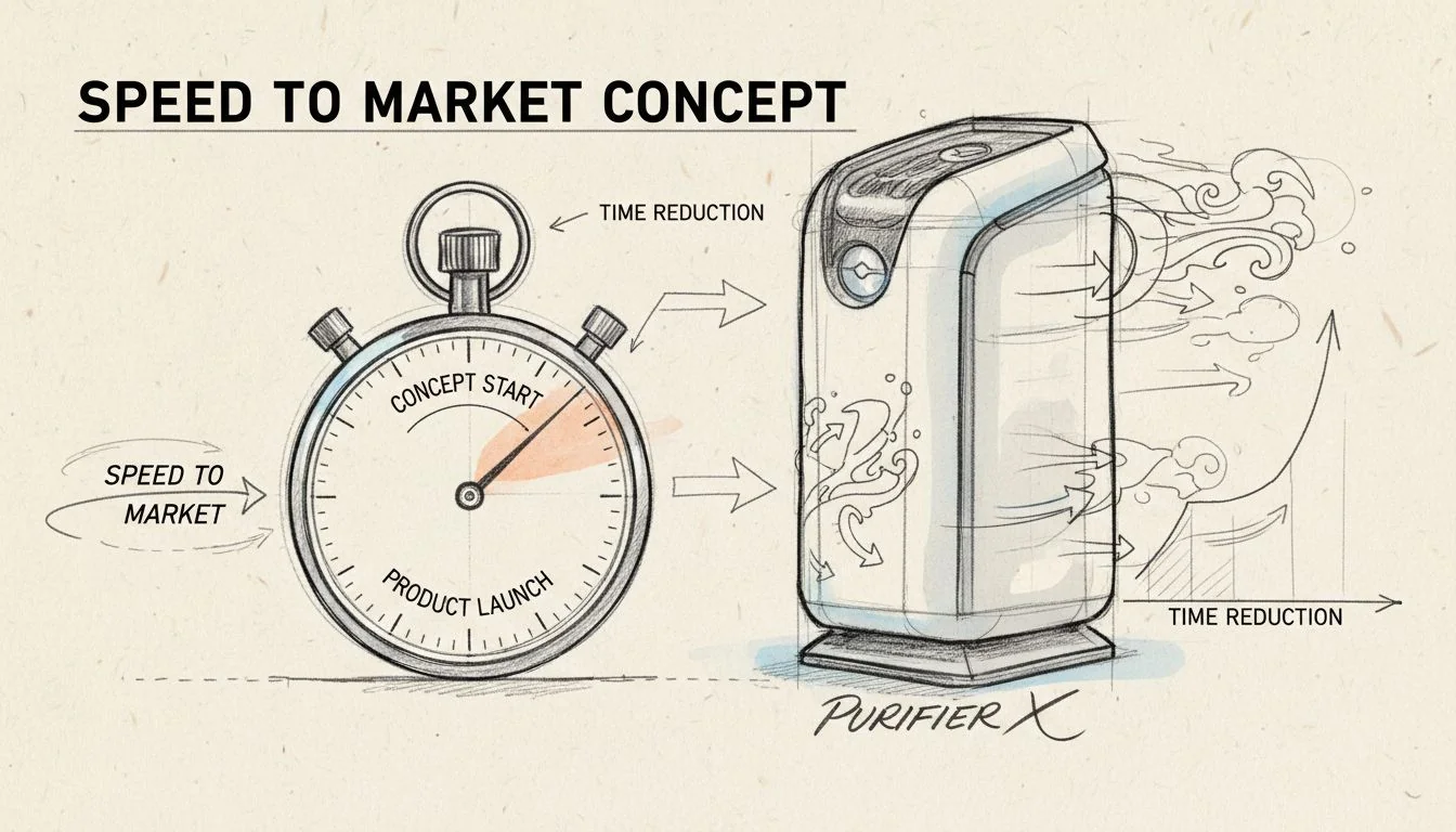 stopwatch next to air purifier design sketch