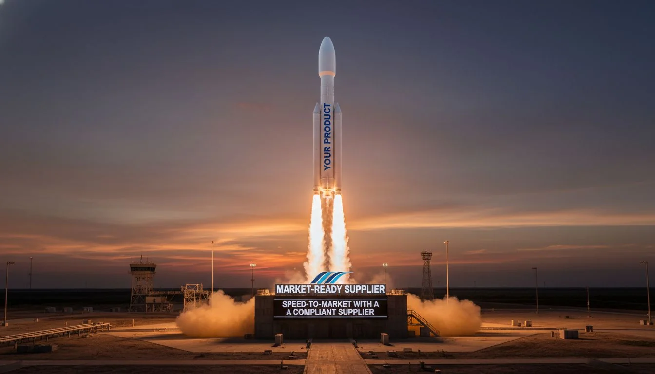 Speed-to-market with a compliant supplier A rocket labeled "Your Product" taking off from a launchpad labeled "Market-Ready Supplier".
