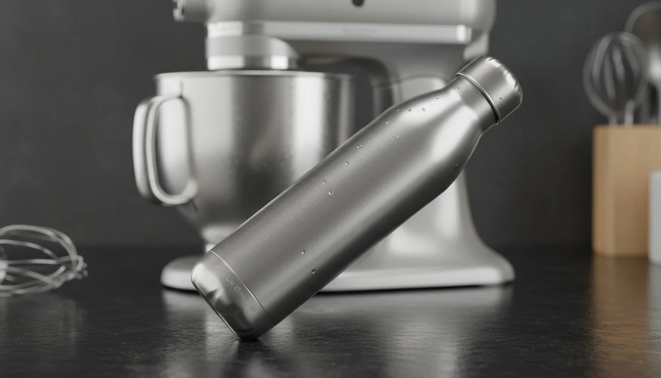 A beautiful shot of a stainless steel water bottle or kitchen appliance, highlighting its clean lines and metallic sheen.