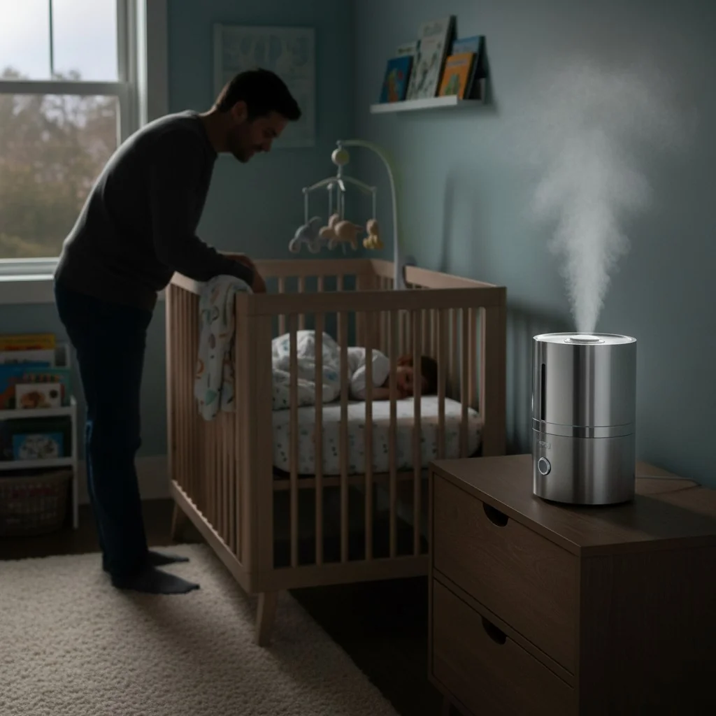 A parent checking on a sleeping child with a stainless steel humidifier running quietly in the background.