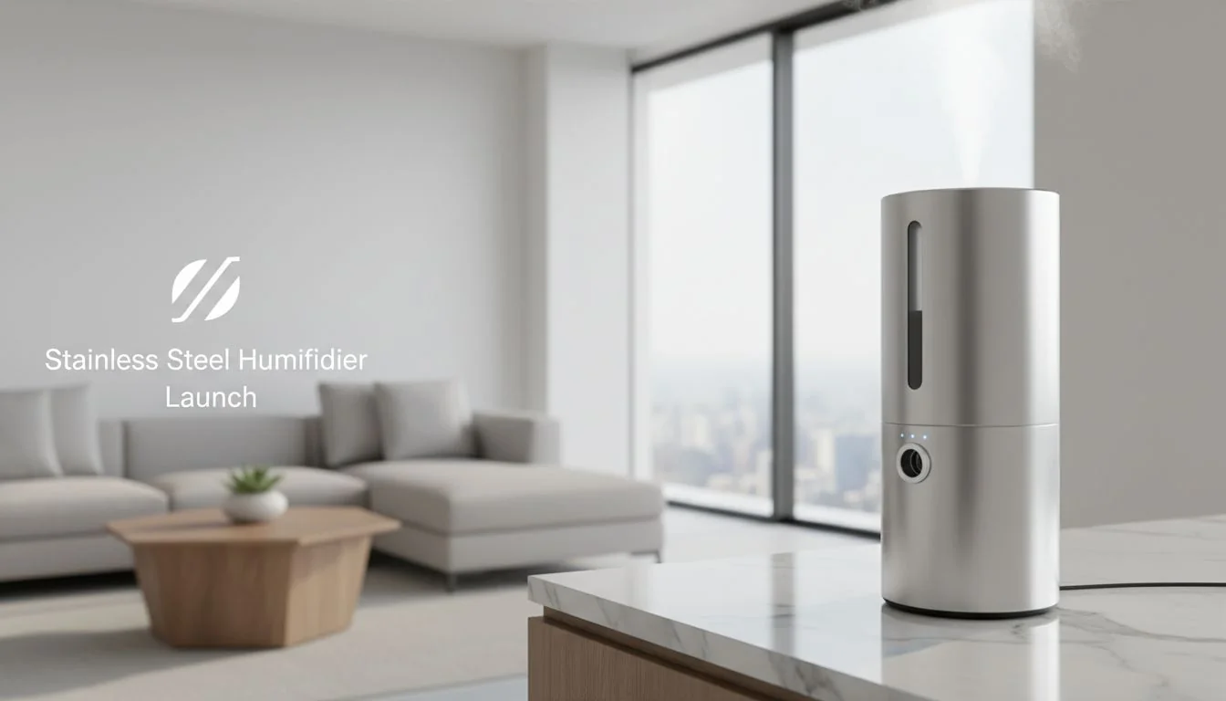 Stainless Steel Humidifier Launch A sleek, modern stainless steel humidifier on a marble countertop in a minimalist living room.