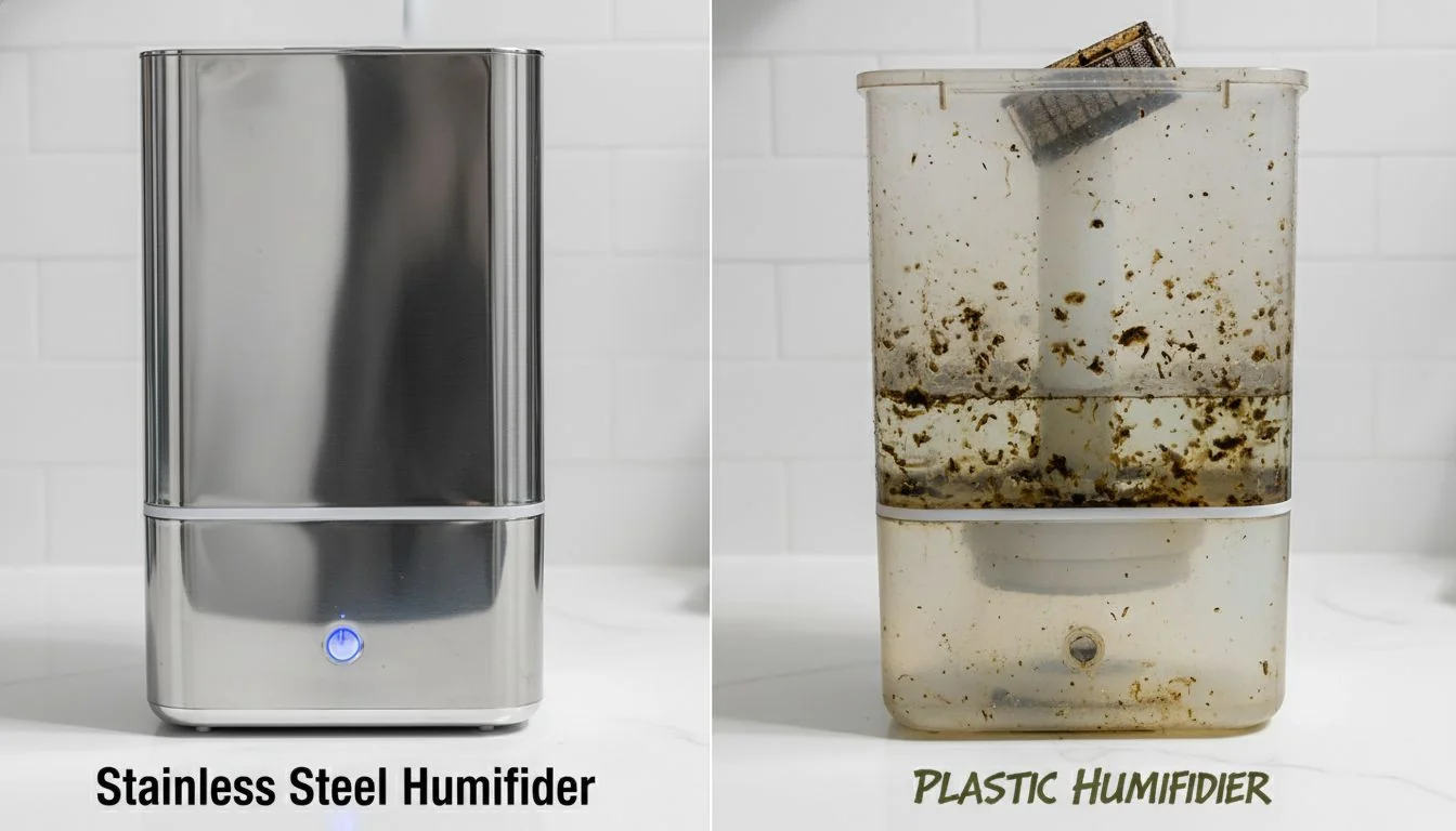 Stainless Steel Humidifier vs Plastic A side-by-side comparison of a clean, shiny stainless steel humidifier tank and a discolored, moldy plastic one.