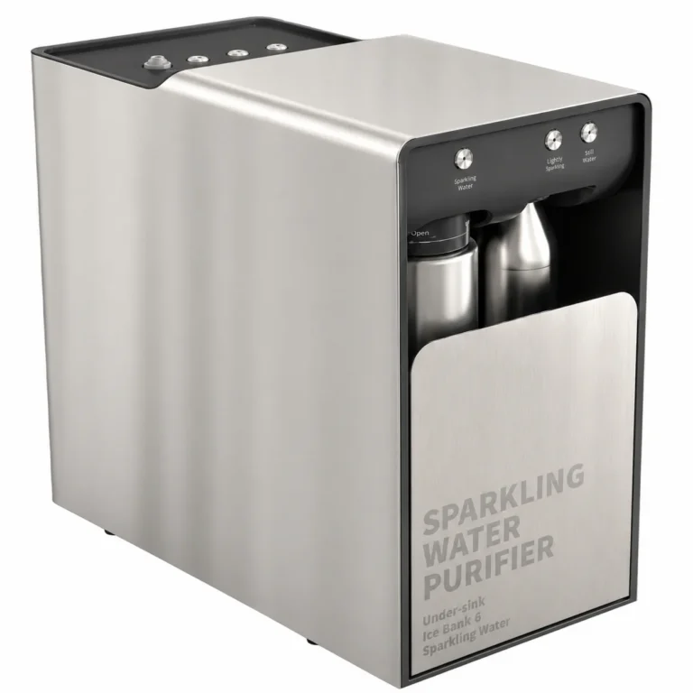 Stainless steel sparkling water purifier with labeled front panel and dispenser for sparkling, lightly sparkling, and still water options.