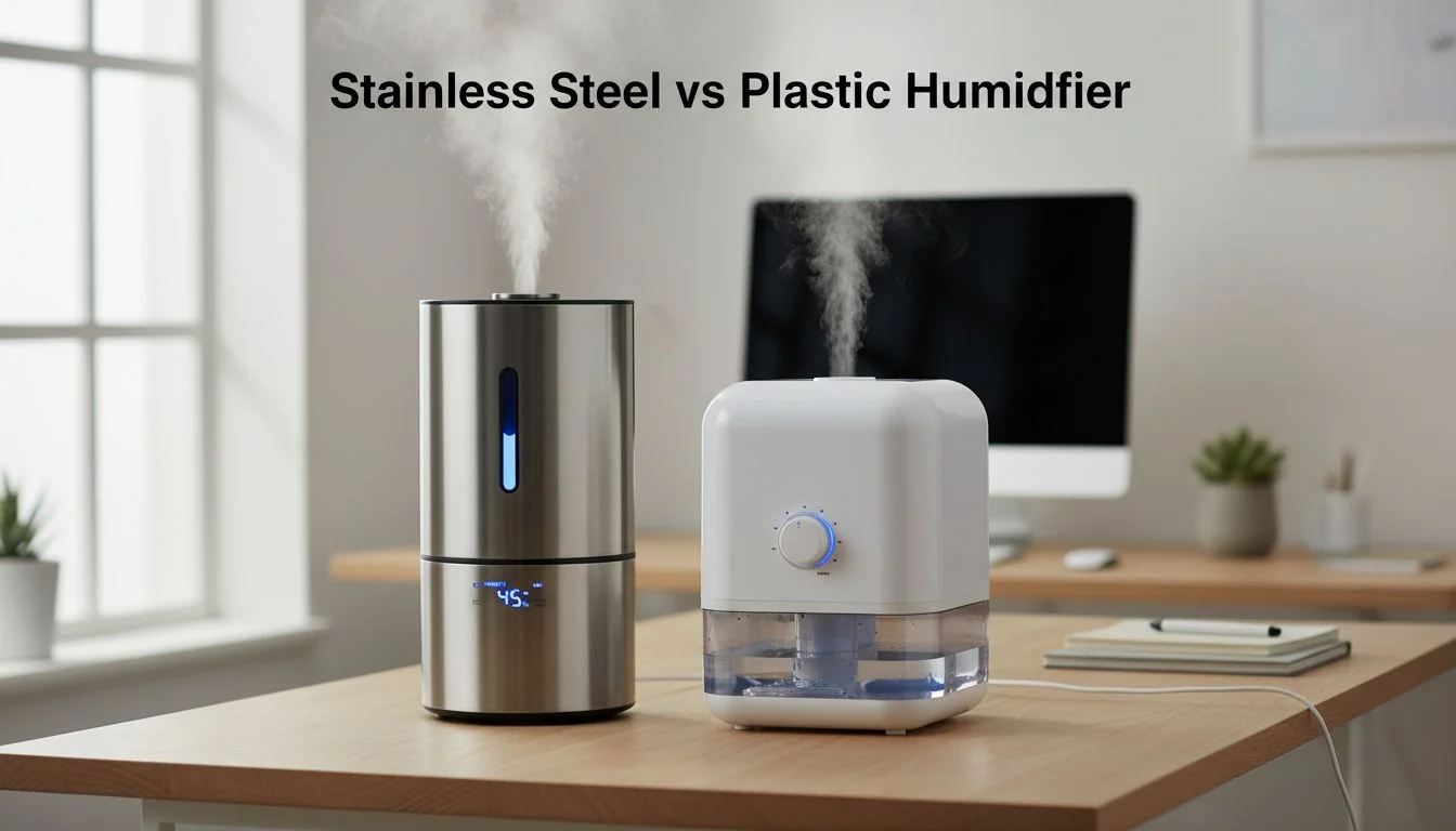 A sleek stainless steel humidifier next to a generic white plastic one on a modern desk.