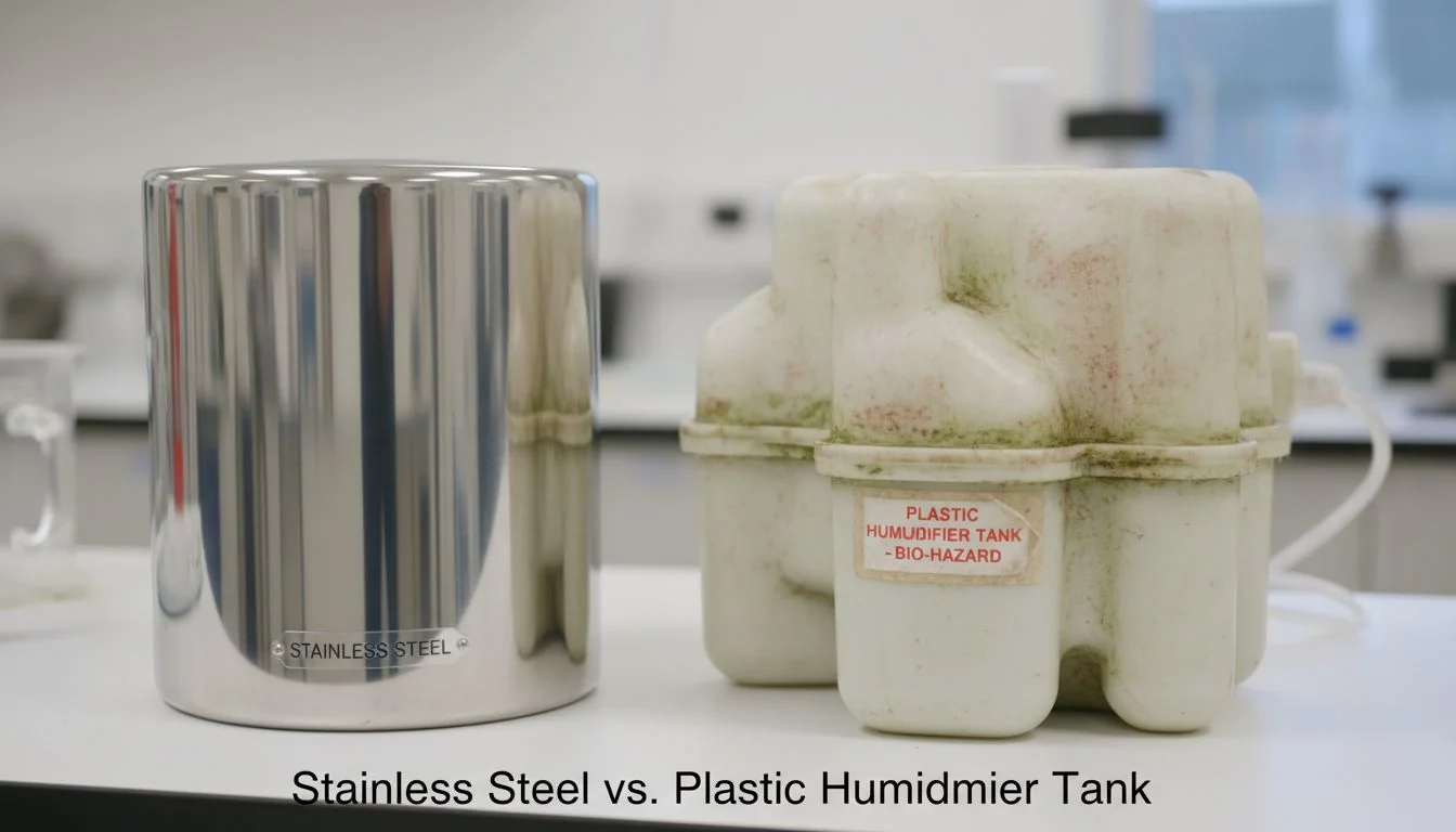 A clean, sparkling stainless steel water tank next to a stained, complex-shaped plastic water tank