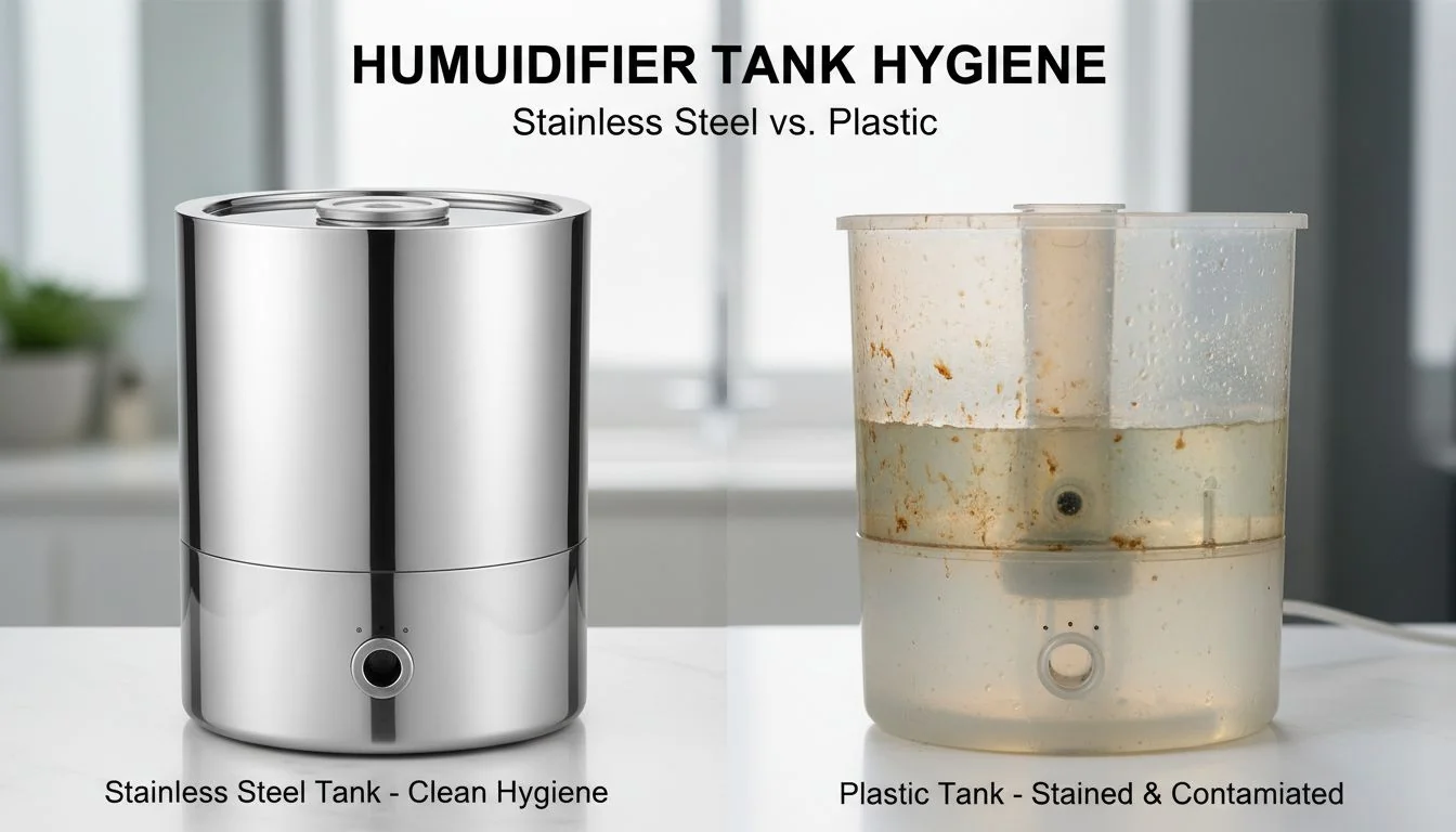 Stainless Steel vs. Plastic Humidifier Tank Hygiene Side-by-side comparison: a clean stainless steel tank next to a stained plastic tank.