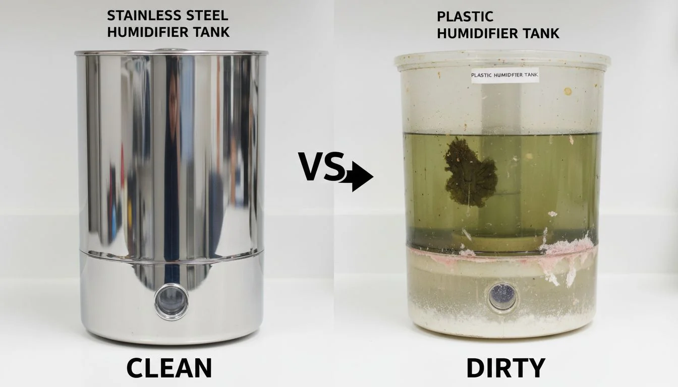 A side-by-side comparison: a clean, gleaming stainless steel tank versus a cloudy, stained plastic humidifier tank.