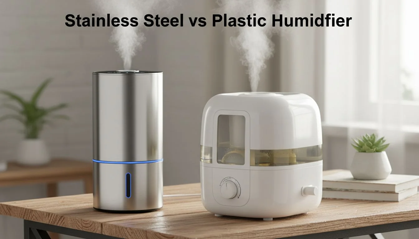 A sleek, stainless steel humidifier next to a generic white plastic one on a wooden table.